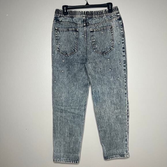 Easel Floral Embroidered Distressed Pull On Straight Leg Jeans Drawstring Sz Med - Picture 6 of 12